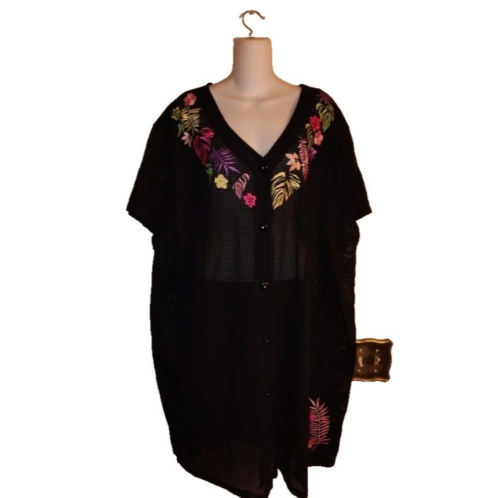 Catherines Women Cover Up Black Net Midi Cardigan Embroidery Size 3X - 26 / 28W